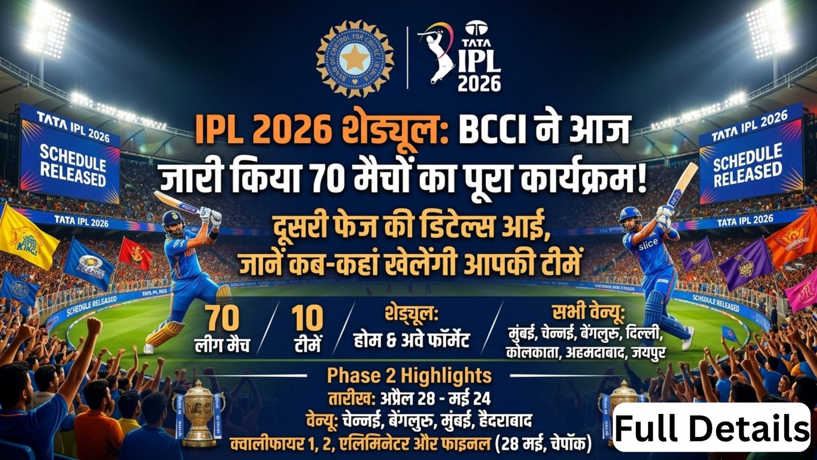 IPL 2026 Schedule: BCCI released the 70-match tournament schedule today! Details for the second leg are here, including when and where the matches will be played.