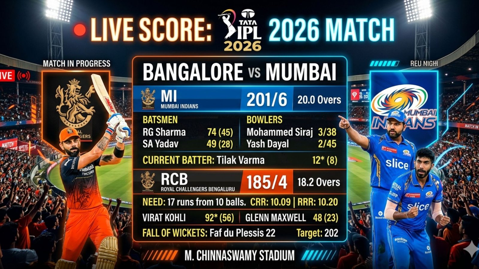 Live Score RCB vs MI IPL 2026 Scorecard